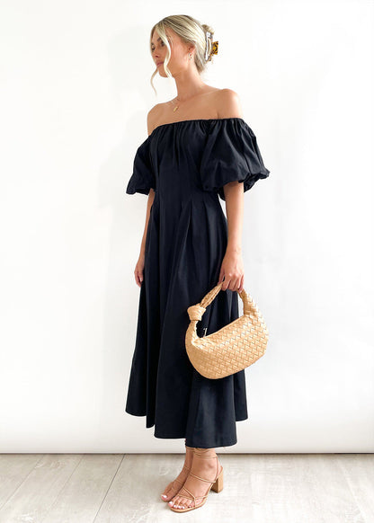 Off Shoulder Puff Sleeves Midi Dress