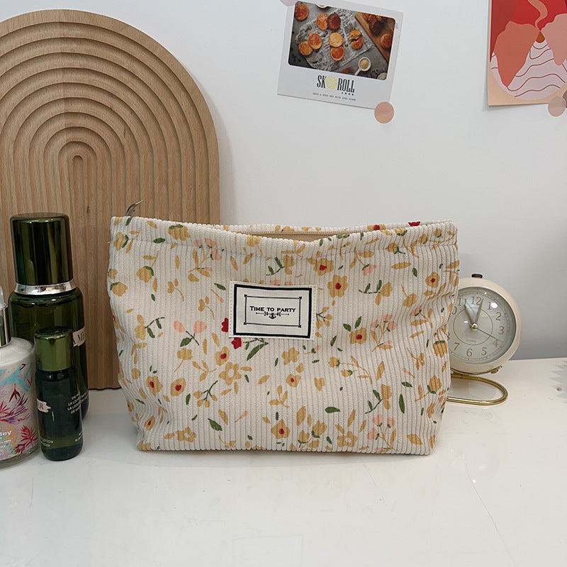 Floral Corduroy Makeup Bag Portable Travel Pouch