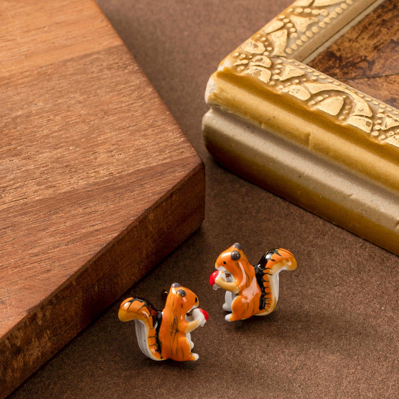 Sweet Forest-Inspired Hand-Painted Enamel Squirrel Earrings