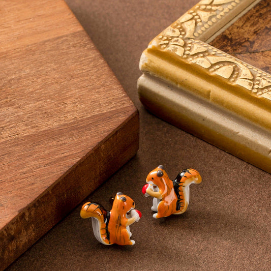 Sweet Forest-Inspired Hand-Painted Enamel Squirrel Earrings