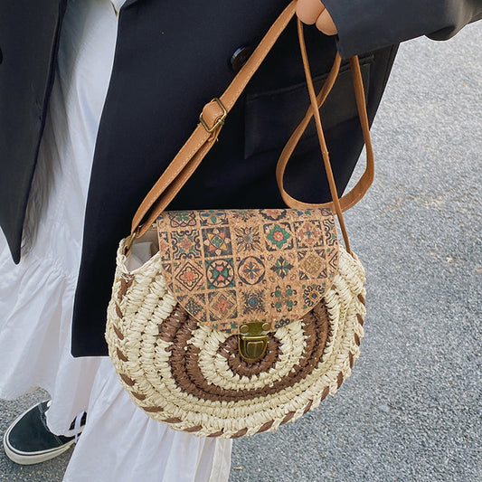 Summer Ethnic Style Woven Literature And Art Sen Series Bag For Women'S Crossbody, Minority Grass Woven Large Capacity Round Cake Bag