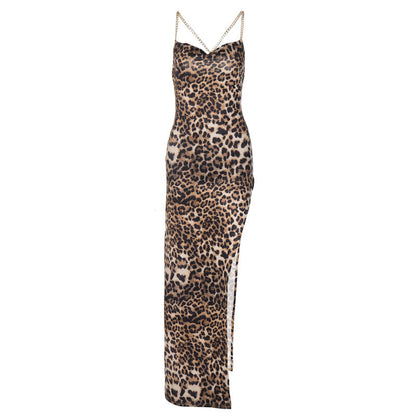 Elegant Leopard Print Midi Dress with Backless Design