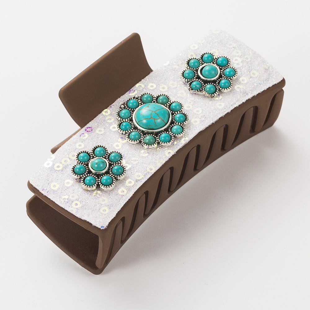 Vintage Leopard Print Hair Claw Clips with Alloy & Turquoise Accents