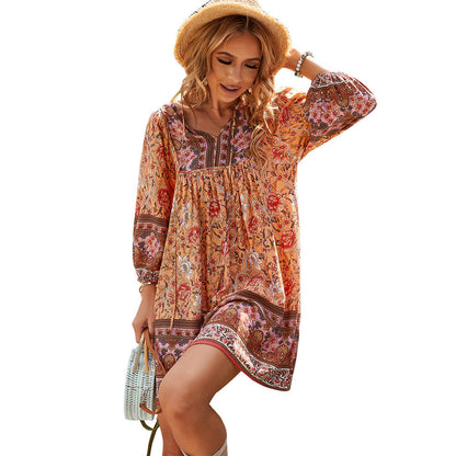 V-Neck Floral Cotton Dress Casual Vacation Style