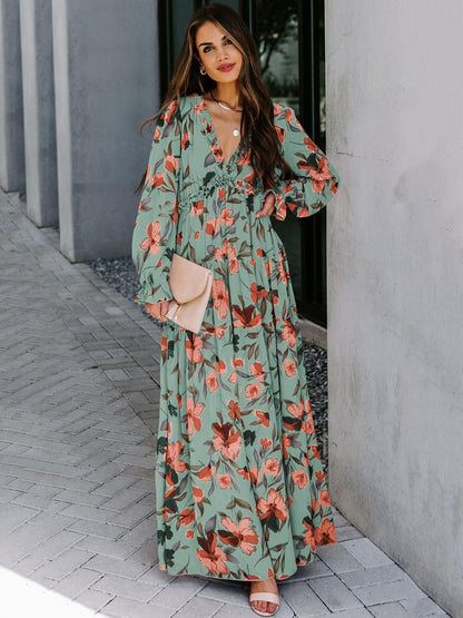 New Floral Print Long Sleeve Maxi Dress For Women