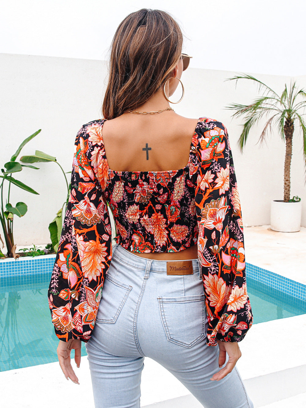 Spring And Summer Crossover V-Neck Print Crop Top Chiffon