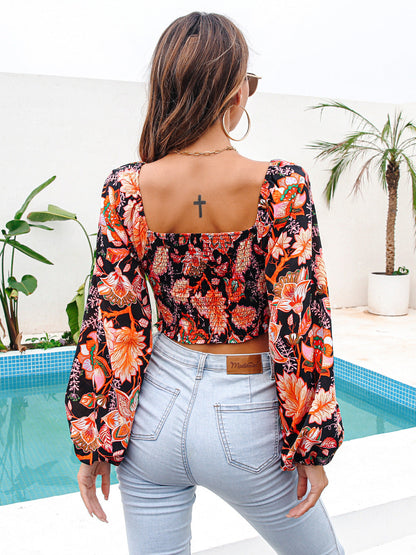 Spring And Summer Crossover V-Neck Print Crop Top Chiffon