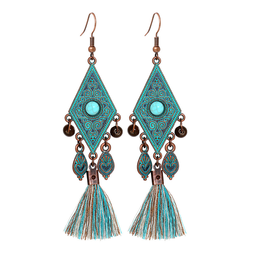 Vintage Handmade Geometric Long Tassel Earrings with Turquoise Accents