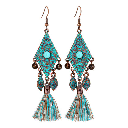 Vintage Handmade Geometric Long Tassel Earrings with Turquoise Accents