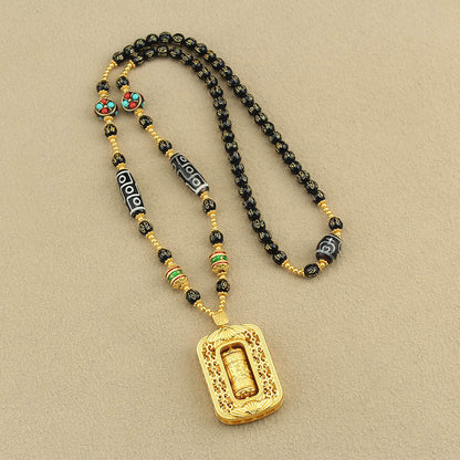 Sand Gold Pendant, Thangka With Chain, Removable Long Necklace, Six-Character Motto Agate Dzi Beads, High-End Retro Chain