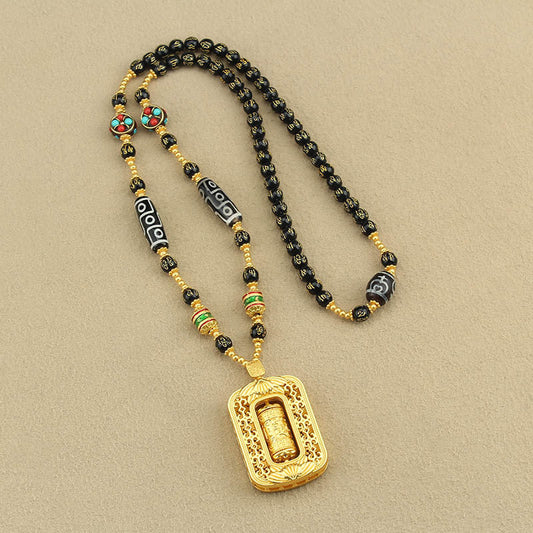 Sand Gold Pendant, Thangka With Chain, Removable Long Necklace, Six-Character Motto Agate Dzi Beads, High-End Retro Chain