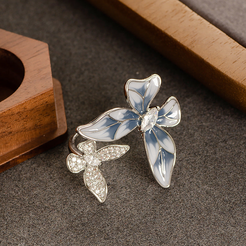 French-Inspired Adjustable Butterfly Open Ring With Zircon Stone