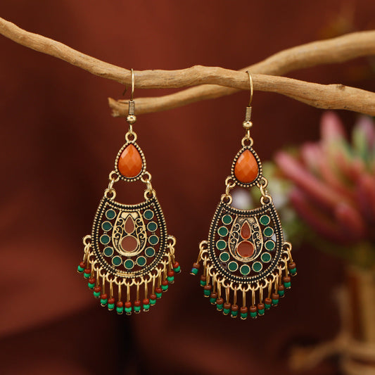 Bohemian Alloy Drop Oil Long Tassel Ethnic Style Earrings For Women'S Retro Earrings