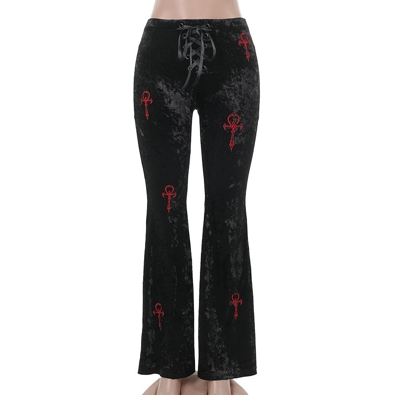Casual High-Waisted Flare Pants with Cross Embroidery