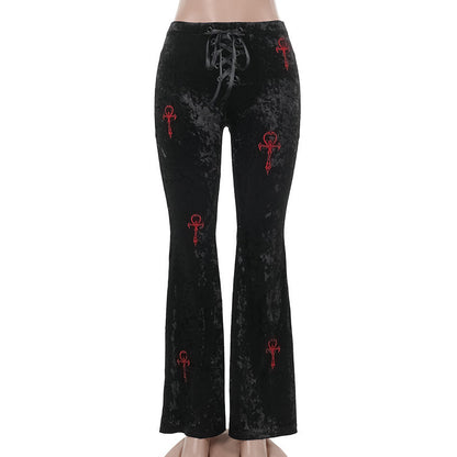 Casual High-Waisted Flare Pants with Cross Embroidery
