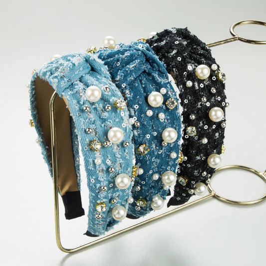 Trendy Denim Headband With Pearl Sequins For Women