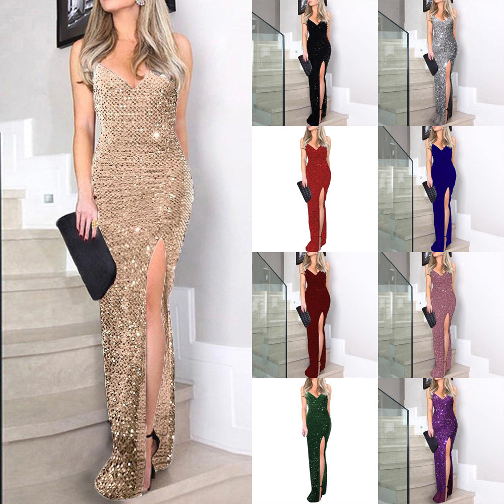 Sexy V-Neck Sequined Maxi Dress Evening Gown