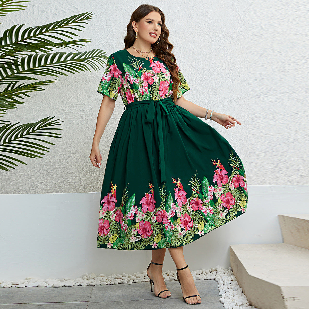 Floral Print A-Line Dress with Adjustable Tie Waist