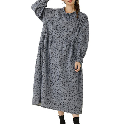 Floral Print Long Sleeve Cotton Dress Casual A-Line Dress