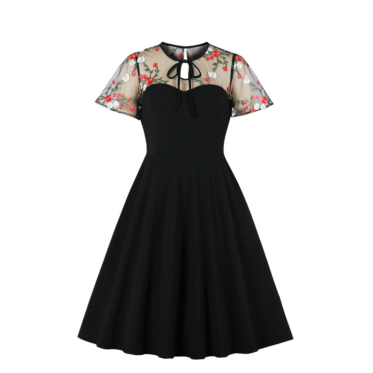 Vintage Polka Dot Pleated Dress Black Embroidery Elegant Style