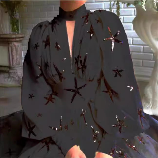 New Sequined Lantern Sleeve High-Low Chiffon Dress