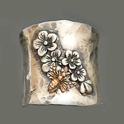Vintage Statement Ring, Bee, Butterfly Flower, Leaf Embossed Band