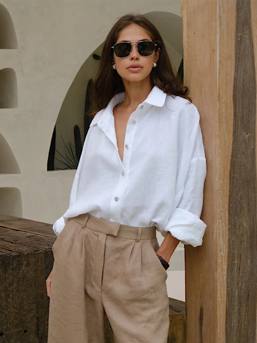 Trendy Casual Cotton Shirt Solid Color Relaxed Fit