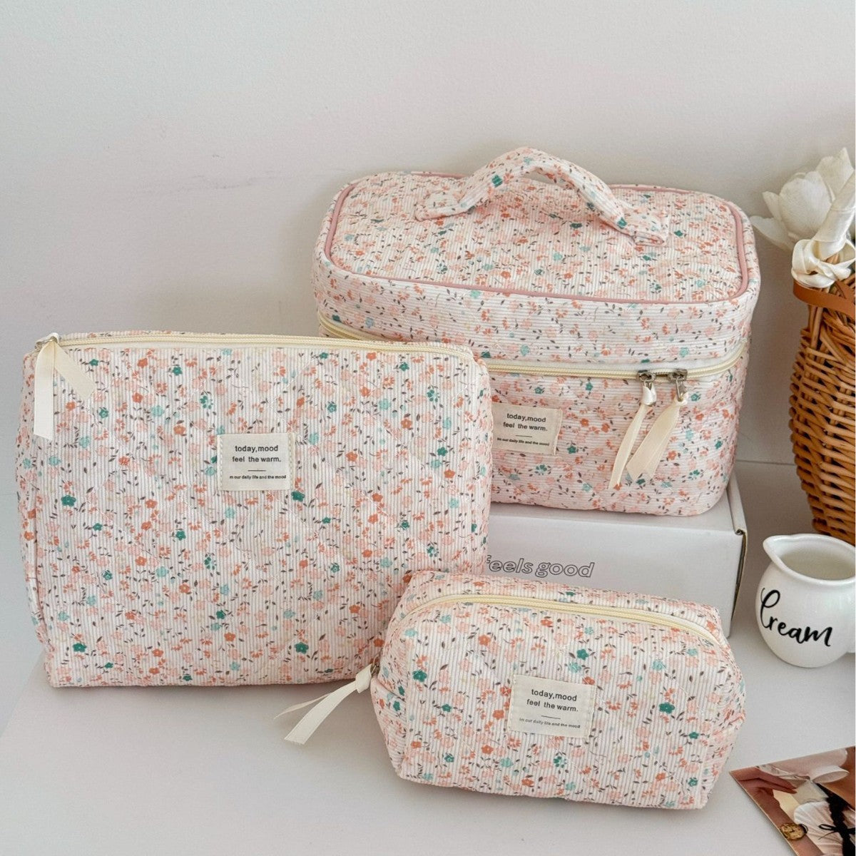 Floral Corduroy Makeup Bag Versatile Travel Organizer