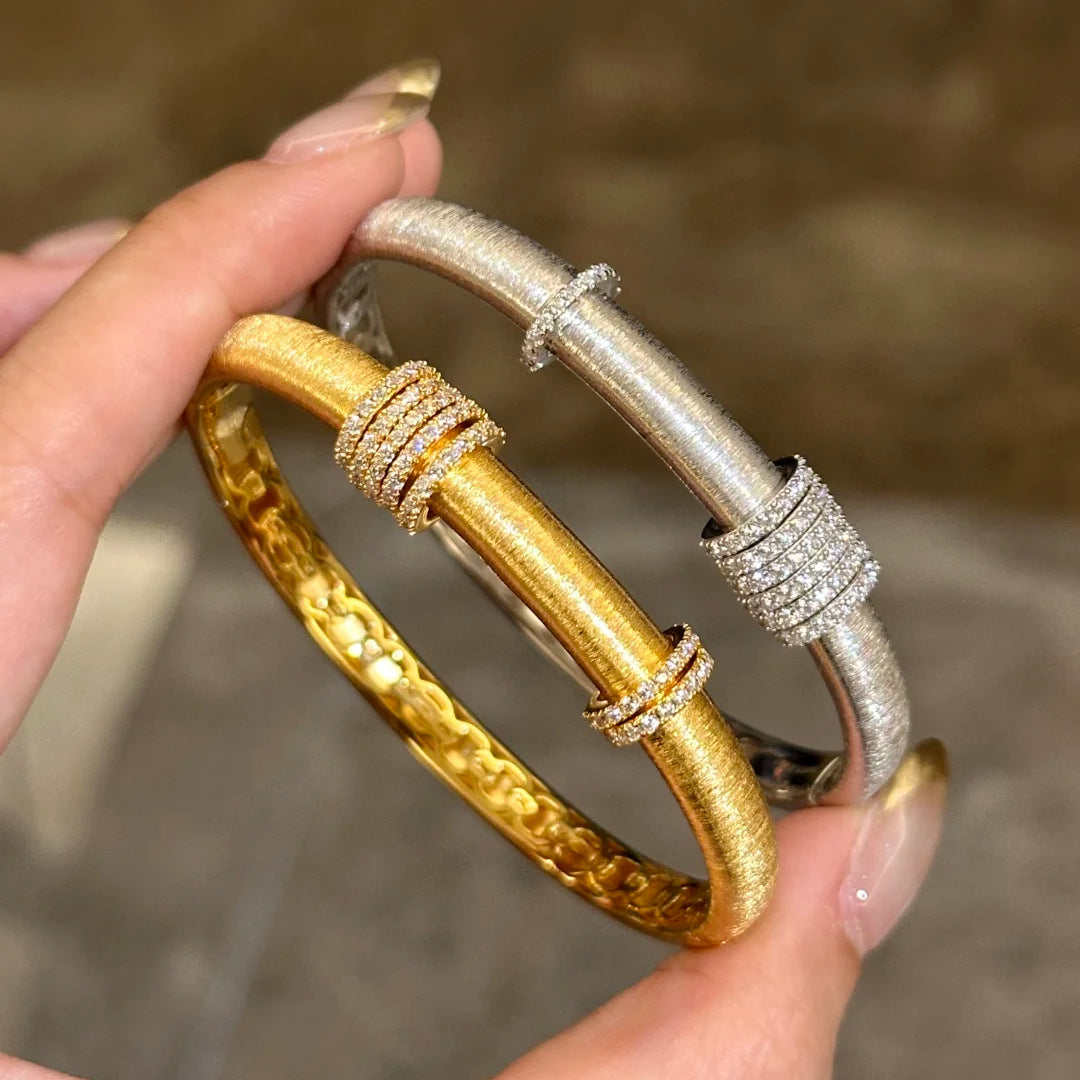 Elegant Carved Floral Rhinestone Bangle Bracelet