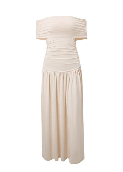 Off Shoulder Pleated Maxi Dress In Apricot