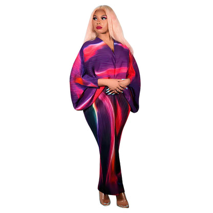 Fashion Batwing Sleeve Printed V-Neck Dress
