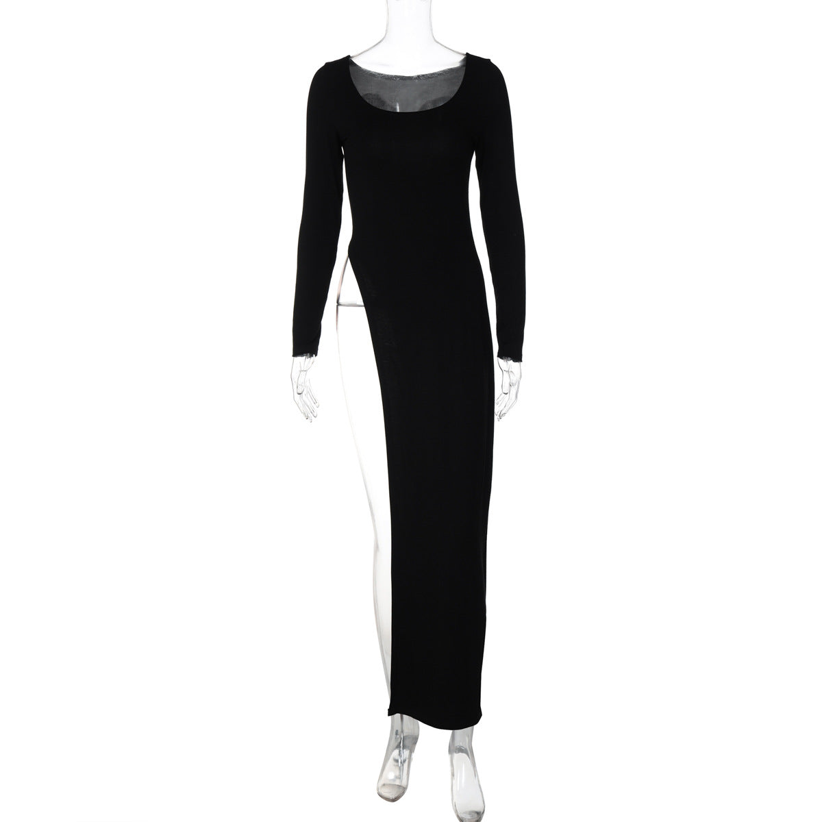 Fashionable U-Neck Bodycon Long Sleeve Dress Black