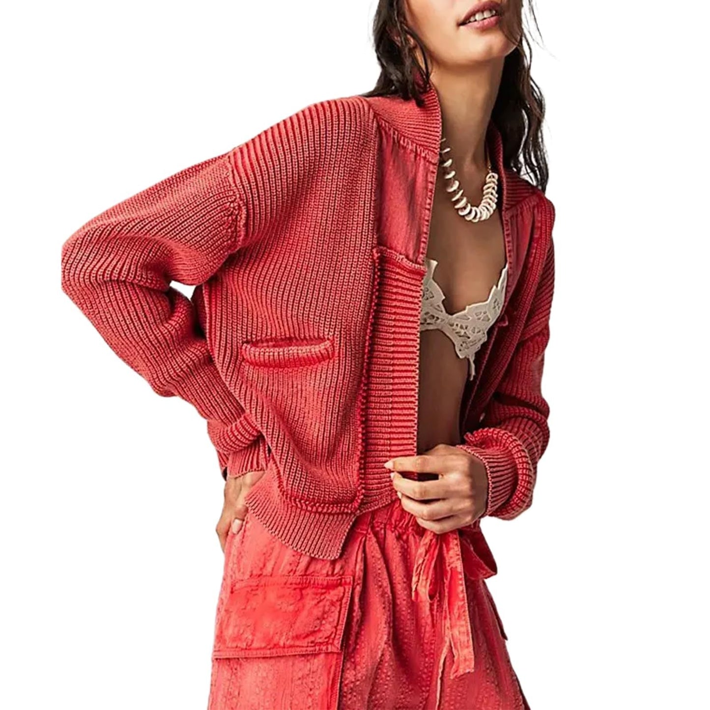 Simple Splicing Knit Cardigan Coat With Pockets
