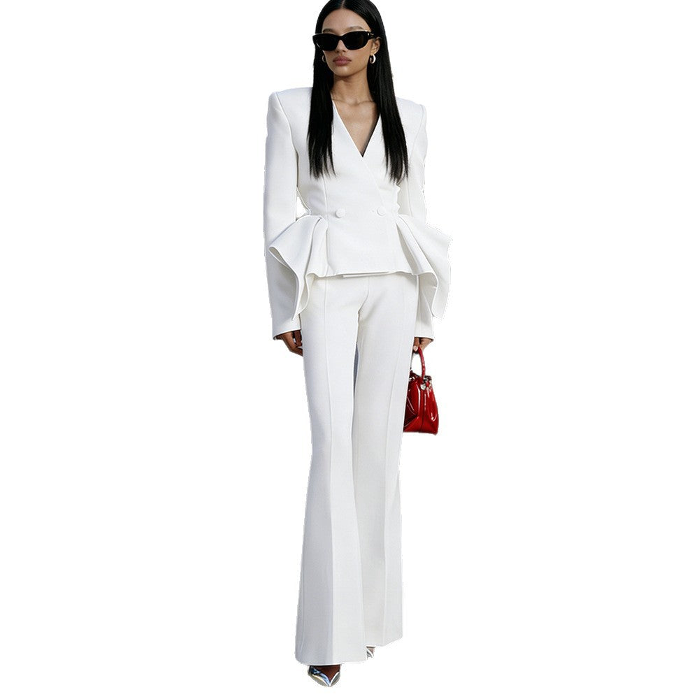 Stylish Ruffled Top Jacket And Flared Pants Set