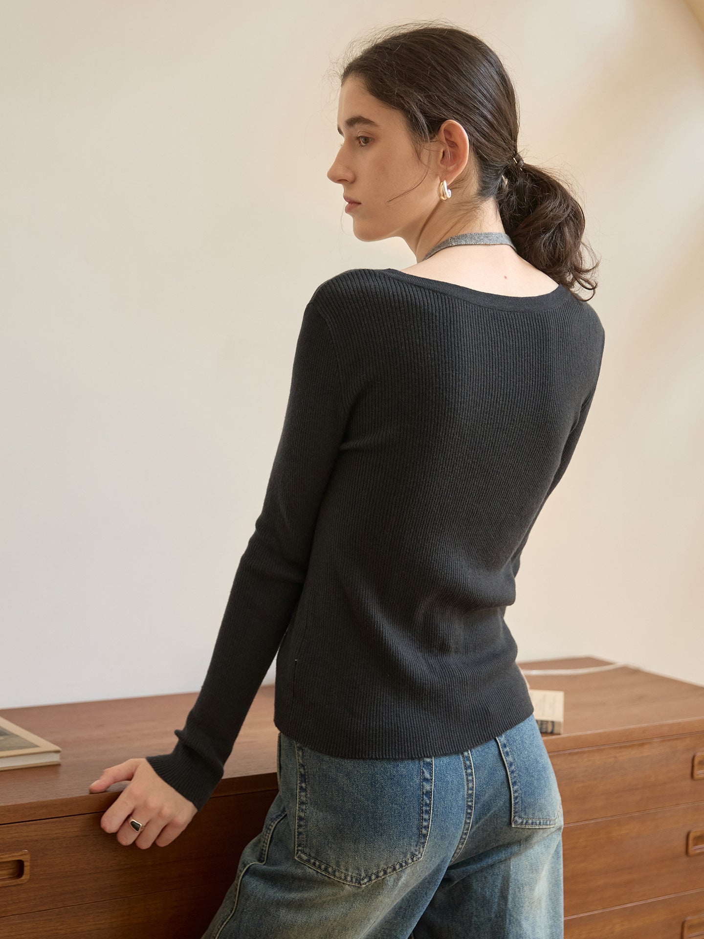 Color Block Knitted Top V-Neck Long Sleeve Wool Blend