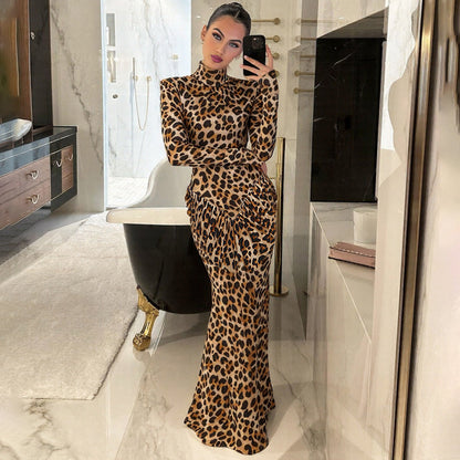 Fashionable Sexy Backless High Neck Long Sleeve Bodycon Dress With Leopard Print