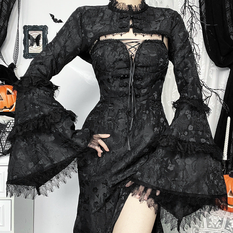 Fashion Pleated Cardigan and Dress Set, Black