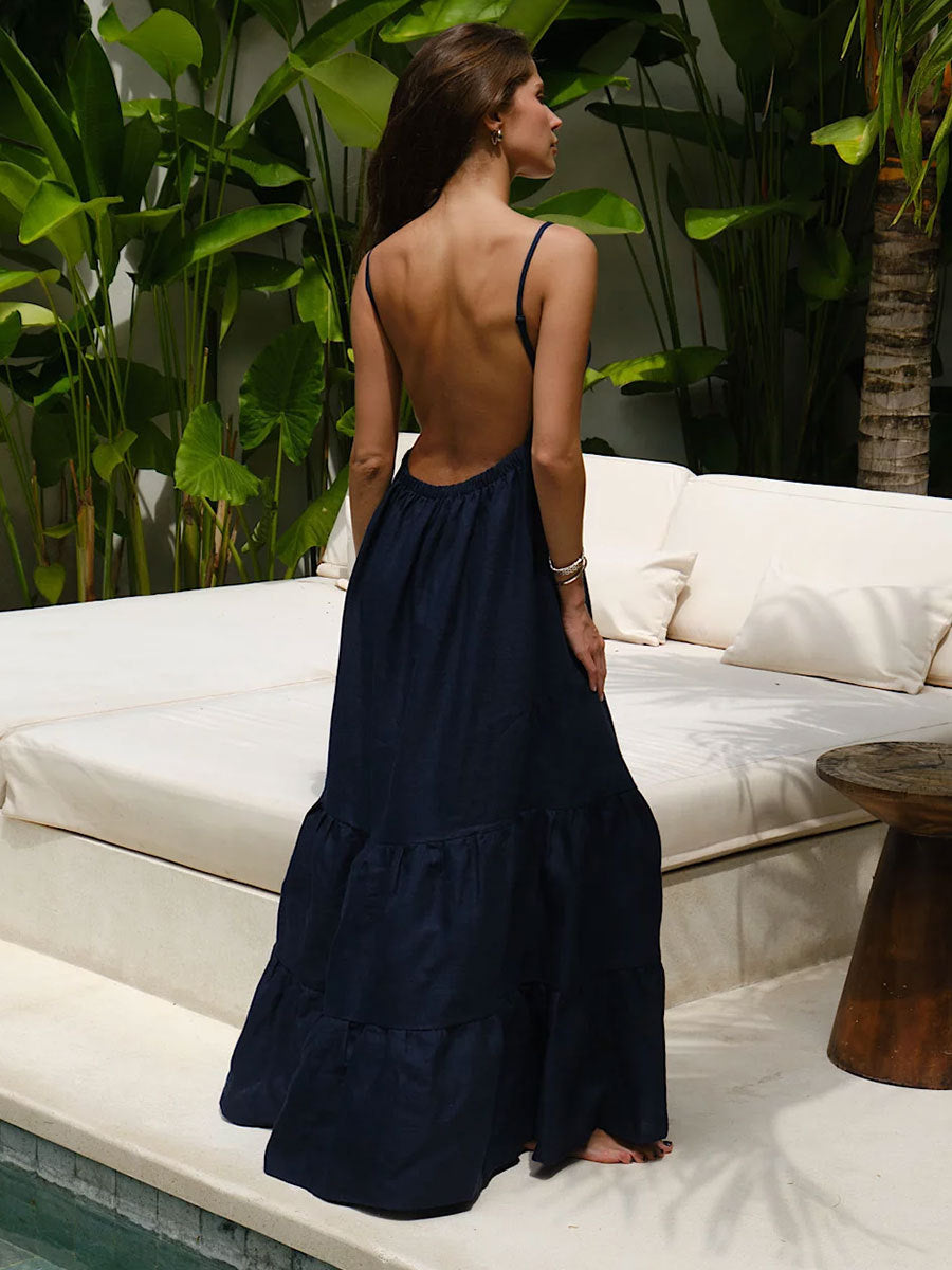 Strappy Back Maxi Dress Elegant Cotton Cake Dress