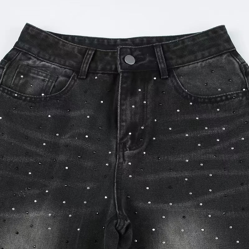 Distressed Washed Rhinestone Loose Jeans