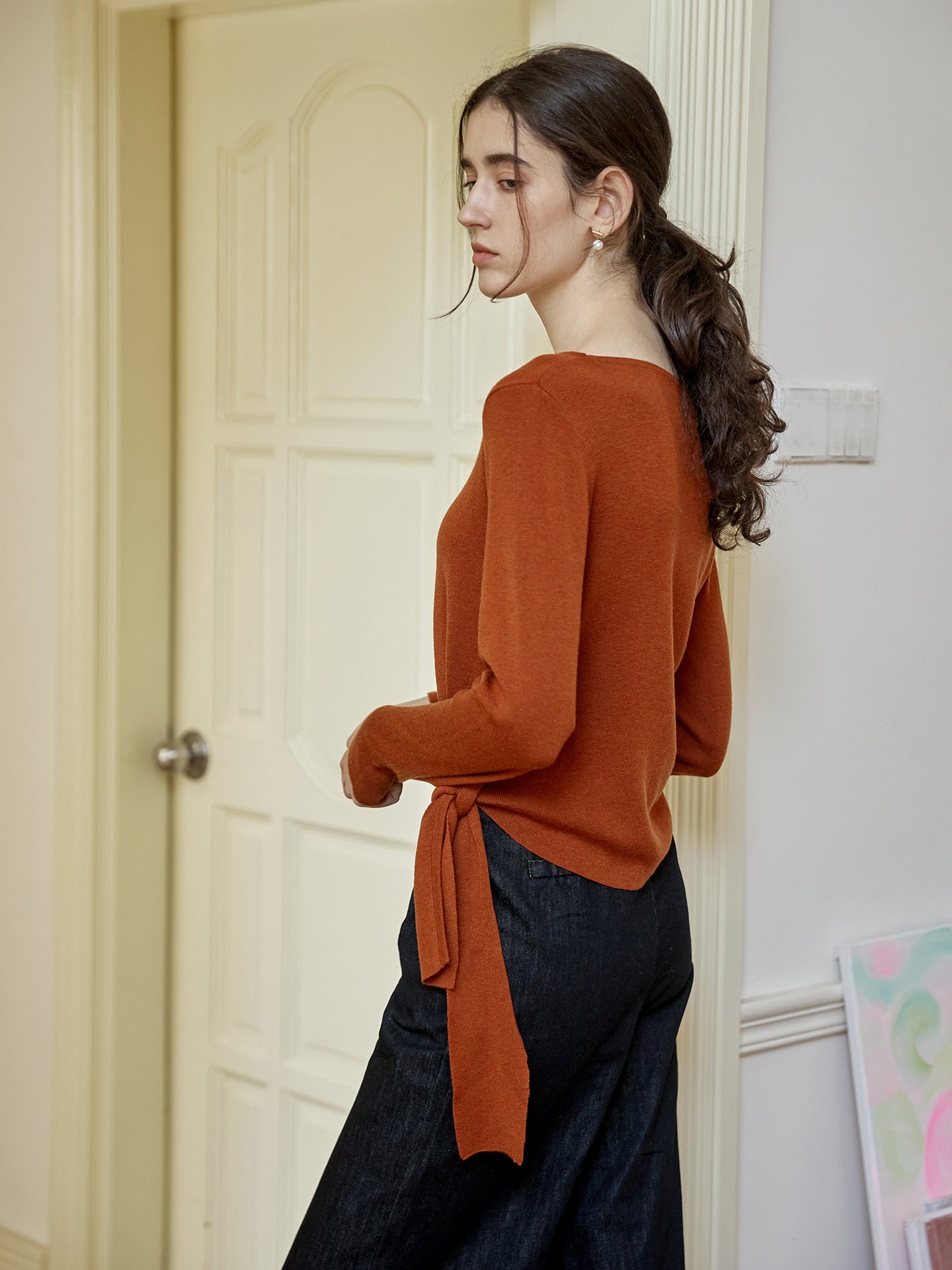 Asymmetrical Waist Tie Knit Top Elegant Casual Long Sleeve
