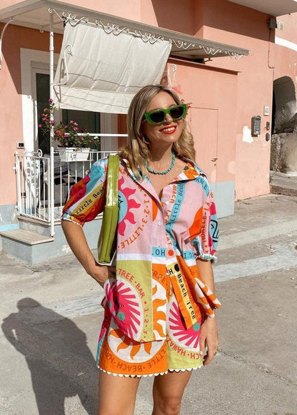 Graphic Sun Print Puff Sleeve Cotton Set