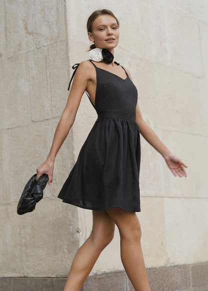 Linen Mini Dress With Tie Straps And Flared Skirt
