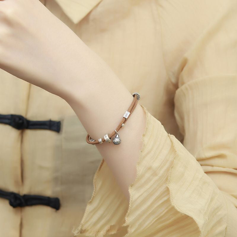 Classic Style Swallowing Gold Beast Woven Bracelet For Girls, Woven Rope Bracelet With Retro Red Rope