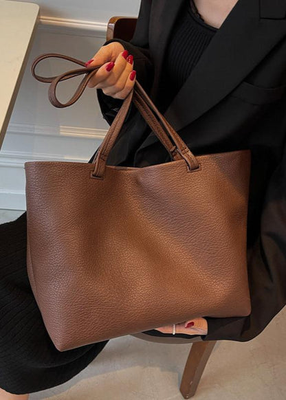 Soft Leather Tote Bag In Beige And Brown