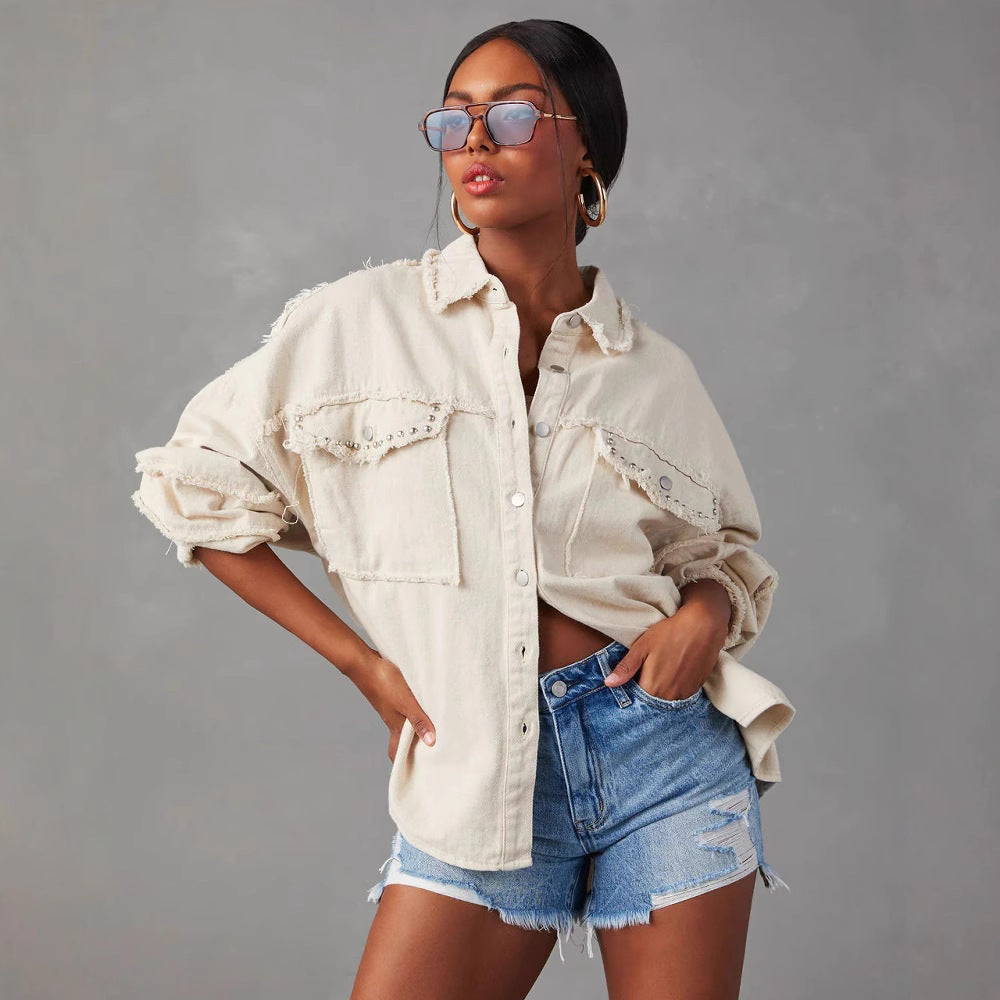 Trendy Oversized Denim Jacket With Studded Collar