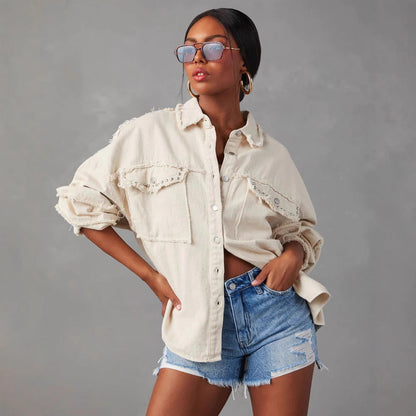 Trendy Oversized Denim Jacket With Studded Collar