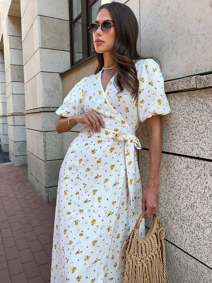 Floral Print Cotton A-Line Dress with Puff Sleeves
