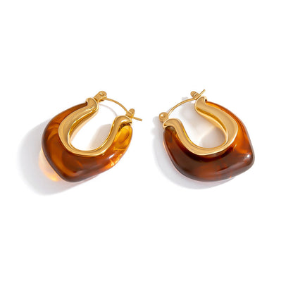 Amber Resin Earrings Vintage Hollow Design Stainless Steel Studs