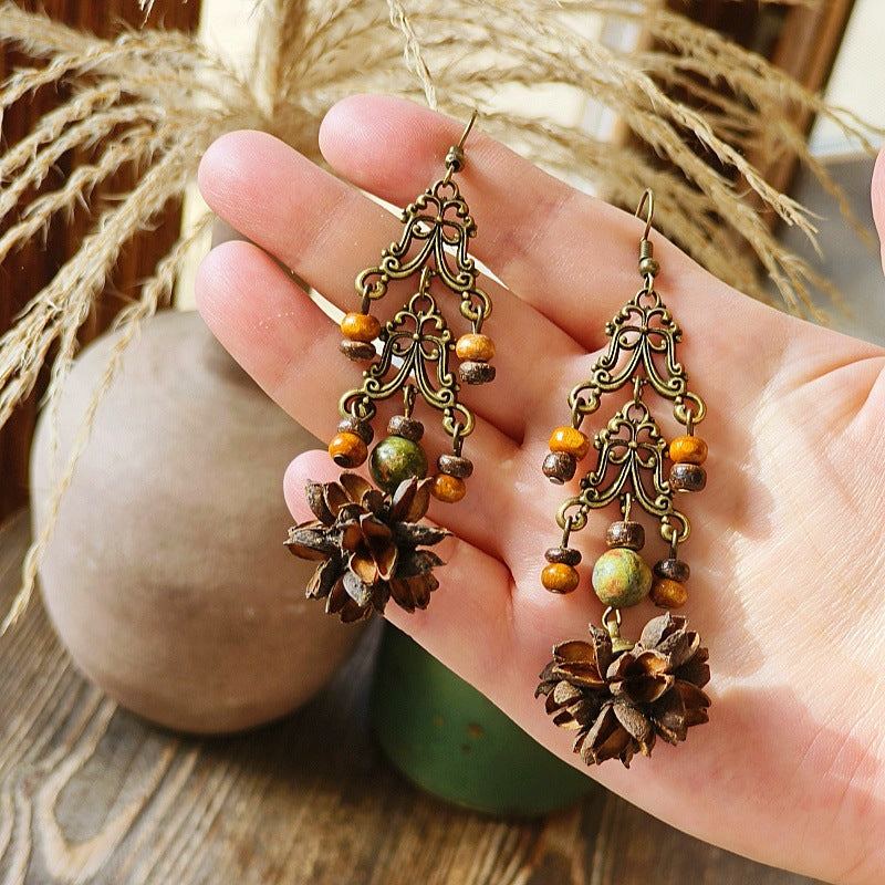 Vintage-Inspired Bohemian Hollow Bead Earrings with Natural Dried Fruits