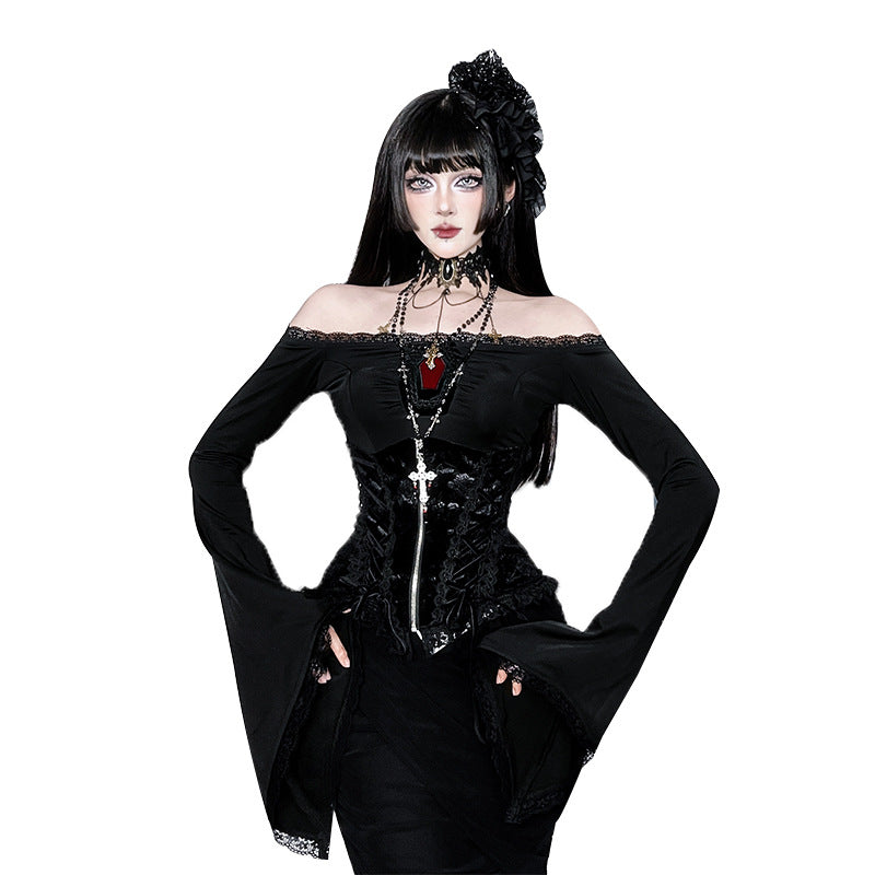 Gothic Floral Velvet Zip-Up Top for Women